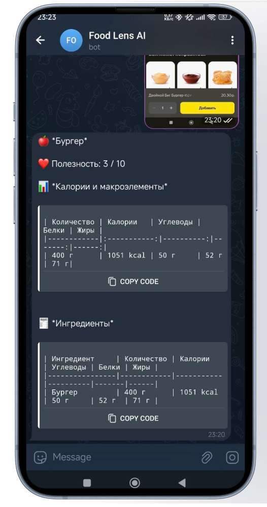 Превью использования бота Food Lens AI